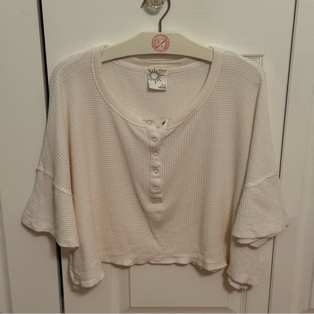 Aerie Offline Wow! short Sleeve Waffle Henley in White - Picture 2 of 4